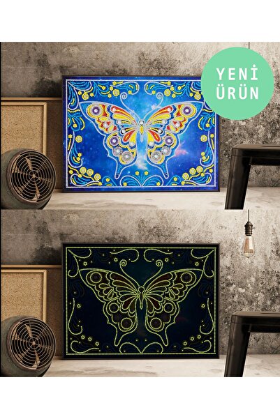 MAXİ Renkli Kelebek - Karanlıkta Parlayan Özel Taş Diamond Painting, Elmaslı Goblen Mozaik Tablo 34X24cm