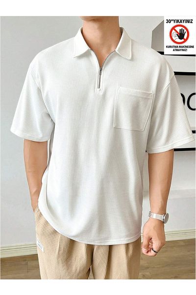 GENIUS STORE Tricou oversize pentru bărbați, cu gât polo, cu vafe, POLOYAKA-FERMOARE