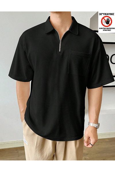GENIUS STORE Ανδρικό μπλουζάκι με λαιμόκοψη με μαύρη βάφλα με φερμουάρ