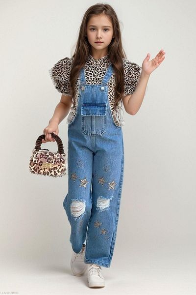 Riccotarz Fată - Salopetă din denim cu model leopard, cu mâneci balon și detaliu rupt cu imprimeu stea