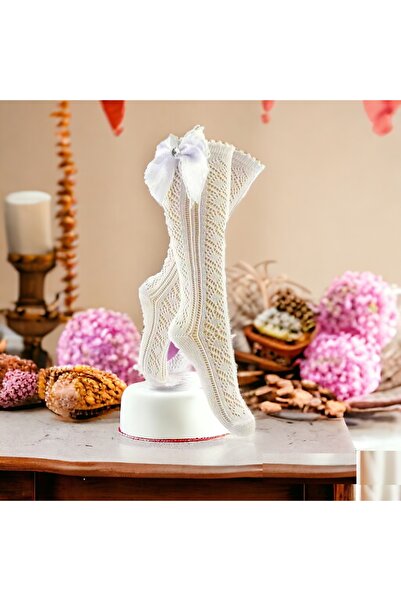 Shopiolog جوارب قطنية للركبة للفتيات - مزينة بشبكة وشريط