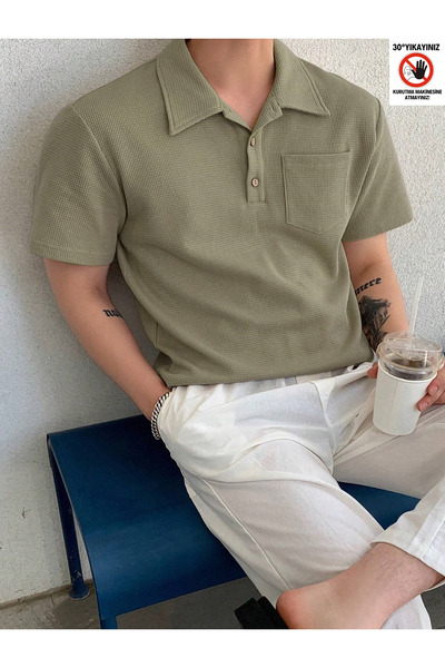GENIUS STORE Erkek Oversize Polo Yaka  Waffle T-Shirt  POLOYAKA-DÜĞMELİ