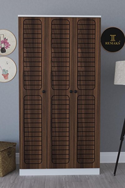 Remaks Fuga 3 Kapaklı Elbise Dolabı - Beyaz Gövde Ceviz Kapak