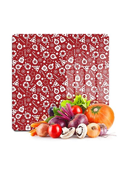 Decovetro Cam Kesme Tahtası Kare Kırmızı Yılbaşı Desenli 30x30 Cm