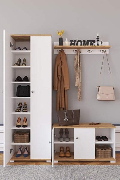 Remaks Crown Vestiyer Ayakkabılık Portmanto Ve Duvar Askısı Meşe / Beyaz