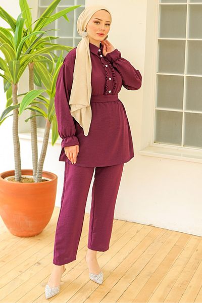 Bestenur Plum Ruffle Collar Tunic and Trousers Set 930