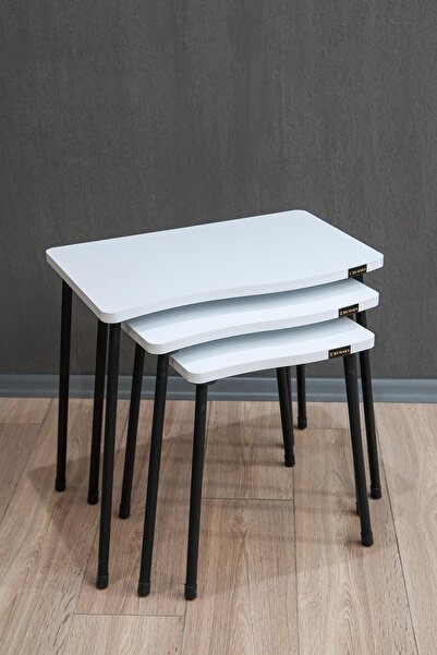 Remaks Bayrak Metal Ayaklı 3'lü Zigon Sehpa Çay Sehpası Servis Sehpası - Beyaz / Beyaz