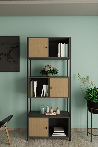 Remaks Segara Metal Ayaklı 5 Raf 3 Kapaklı Kitaplık Antrasit - Aro Desenli