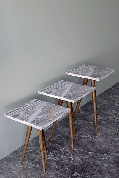 Remaks Retro 3'lü Zigon Sehpa Yan Sehpa Servis Sehpası Ve Çay Sehpası - Beyaz...