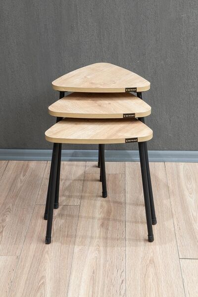 Remaks Üçgen Metal Ayaklı 3'lü Zigon Sehpa Çay Sehpası Servis Sehpası - Atlantik Çam / Atlantik Çam