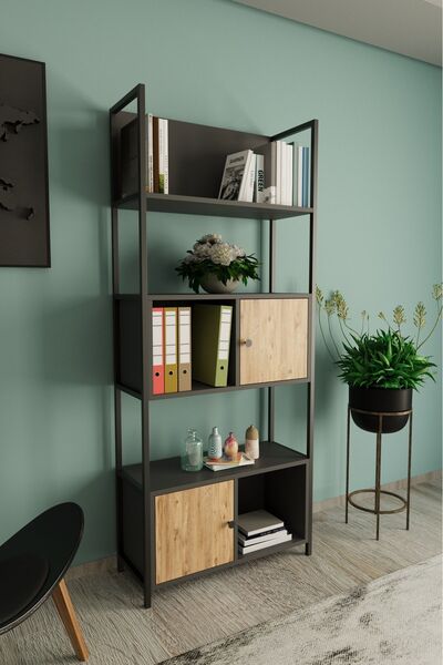 Remaks Deniz 5 Raf 2 Kapaklı Kitaplık Antrasit - Meşe