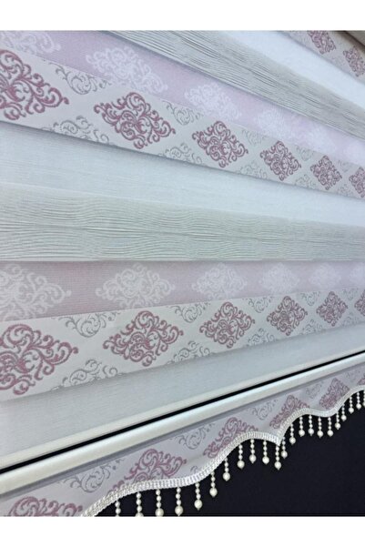 yağmur zebra Krem Ve Pudra Renkli Damask Desen Bonuklu Zebra Stor Perde