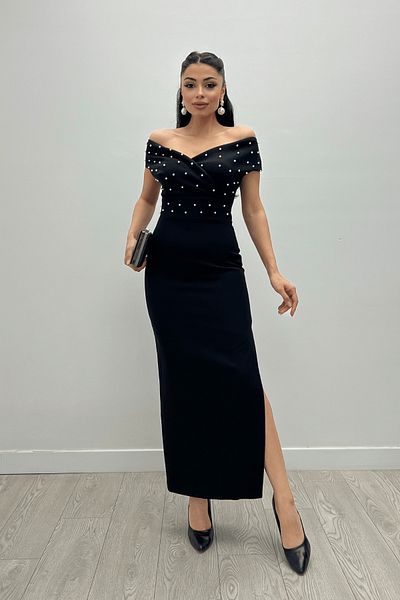 giyimmasalı Babel Fabric Boat Neck Pearl Detailed Pencil Dress - BLACK