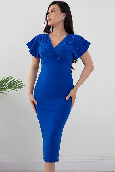 PULLIMM Crepe Dress - Double Breasted Collar and Pearl Detail, 2024-2100 Model