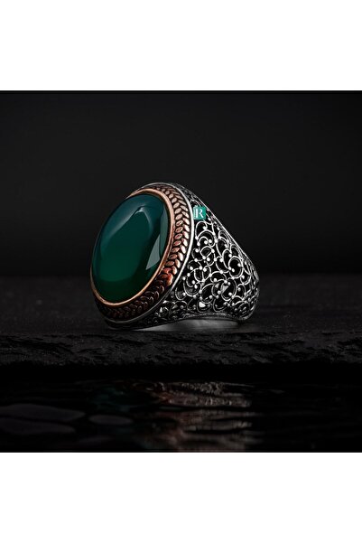 RevSilver Yeşil Akik Taşı Yüzük 925 Ayar Saf Gümüş Desenli İşlemeli Yüksek Kaliteli Takı