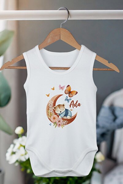 Homamia %100 Organik Pamuk Kişiye Özel Beyaz Atlet Bebek Body Zıbın Aydaki Çi...