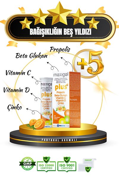 Maxigal Plus Effervescent 20 Tablets - Beta Glucan, Vitamin C, D, Zinc and Propolis Supplement
