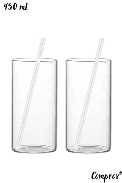 Comprox Simple*Plain 450ml Cocktail Glass Set - 2 Straws and 2 Glasses