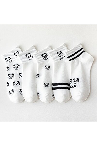 çorapmanya 5 Çift Dikişsiz Panda Desenli Siyah Beyaz Unisex Kolej Tenis Çorap