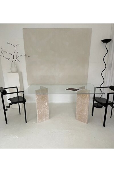 Sümeyra Marble Art Triangel - Doğal Traverten Yemek Masası | Cam Yemek Masası...