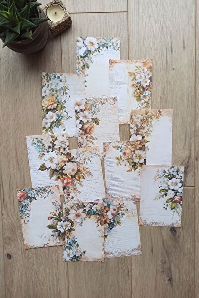 Mona Craftist 12 Adet Eskitme Vintage Çiçek El Yazı Temalı Scrapbook Kağıt Se...