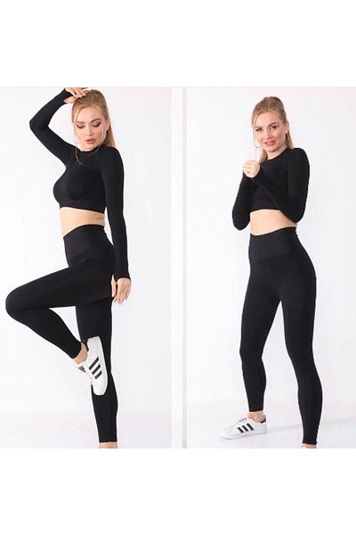 MAGZA Black Extra High Waist Seamless Women's Sports Tights and Crop Top Set