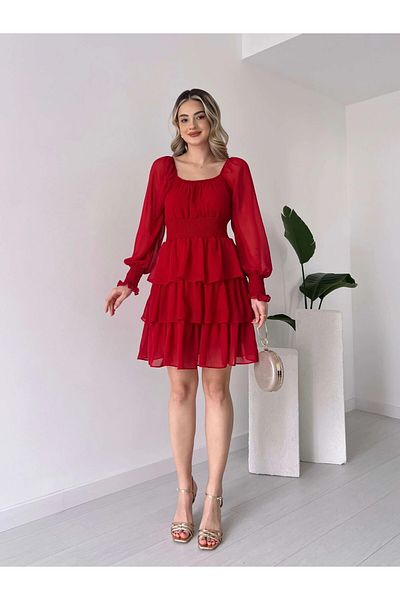 HARMONY GLOBAL Rochie mini din șifon Jennifer - roșu, fustă stratificată, cu volan 2831