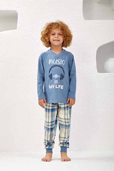 Relax Mode Unisex Çocuk V Yaka Penye Pijama Takım - 10747