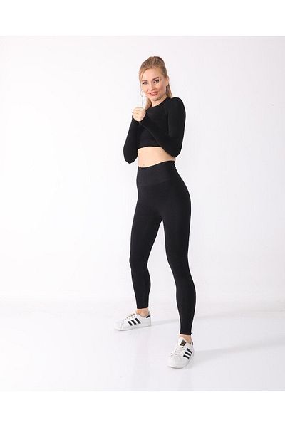 MAGZA Black Extra High Waist Seamless Women's Sports Tights and Crop Top Set
