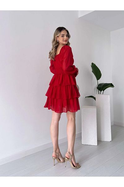HARMONY GLOBAL Rochie mini din șifon Jennifer - roșu, fustă stratificată, cu volan 2831