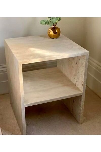 Sümeyra Marble Art Weıncut - Traverten Dekoratif Tek Sehpa | Modern Yan Sehpa Raflı | 50cm |