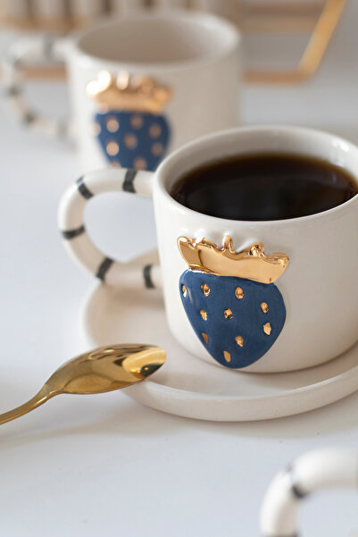 ada mia seramik Altın Çilek Figürlü 24k Altın Dekorlu El Yapımı Seramik Mug 170ml