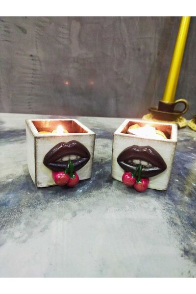 Gardenya Dudak Kiraz Kabartmalı Mumluk & Skulent Saksı 2 ' Li Set