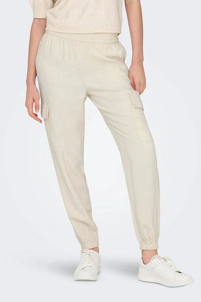 ONLY High Waist Elastic Women's Cargo Pants - Pockets, Cream15245364