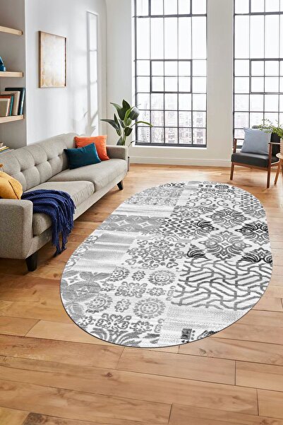 EY HOME Printed Non-Slip Base Washable Patchwork Pattern Oval Runner Living R...