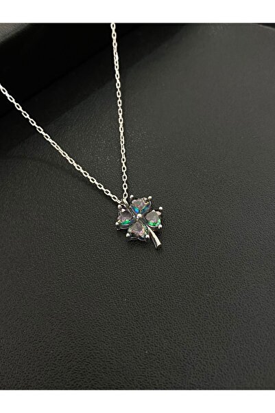 Kiriş Gümüş 925 Ayar Gümüş Mistik Topaz Taşlı Yonca Kadın Kolye