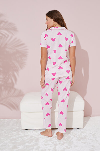 Siyah İnci pembe fuşya kalp desenli Örme Pamuklu Düğmeli Pijama Takım