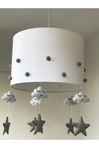 atölye ay ışığı Gri Ponponlu Gözlü Bulutlu Kız Veya Erkek Bebek Çocuk Odası Avizesi