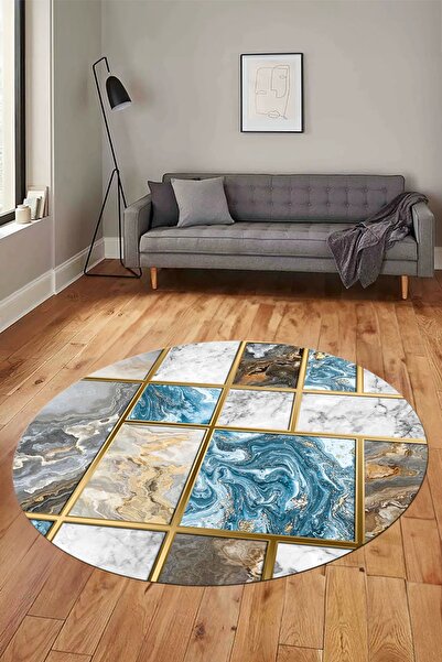 EY HOME Stylish Design Marble Patterned Digital Non-Slip Base Washable Round ...