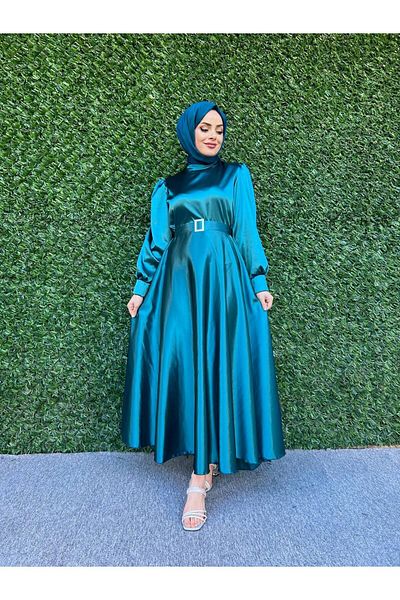 modadeywearst Σατέν φόρεμα Hijab με μαργαριταρένια κουμπιά