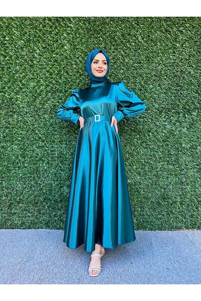 modadeywearst Σατέν φόρεμα Hijab με μαργαριταρένια κουμπιά