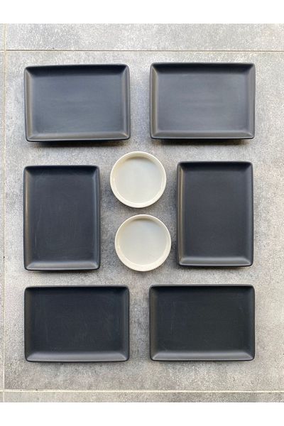 RUBİ PORSELEN Premium 6-Person Porcelain Cake Plate - 18x13 cm Rectangular Set