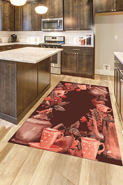 EY HOME Dijital Baskılı Kaymaz Taban Renkli Fincan Motifli Yolluk Mutfak Halısı