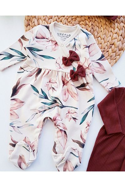 Jammybaby Leaf Digital Print 100% Cotton Camisole for Baby Girl Set of 2 Rompers and Bandana 4 Pieces