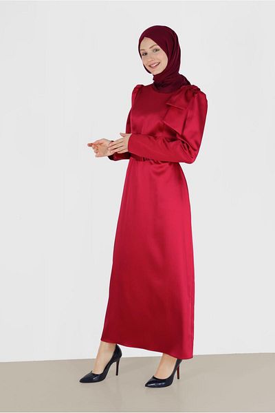 Alvina Satin Belted Shoulder Detailed Dress 42419