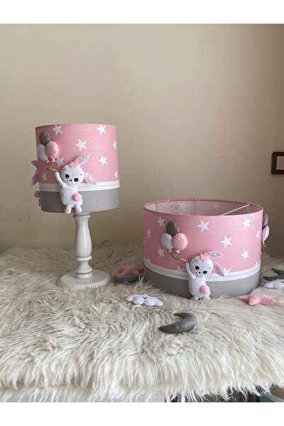 atölye ay ışığı Pembe Yıldızlı Tavşan Figürlü Kız Bebek Odası Avize Abajur Set