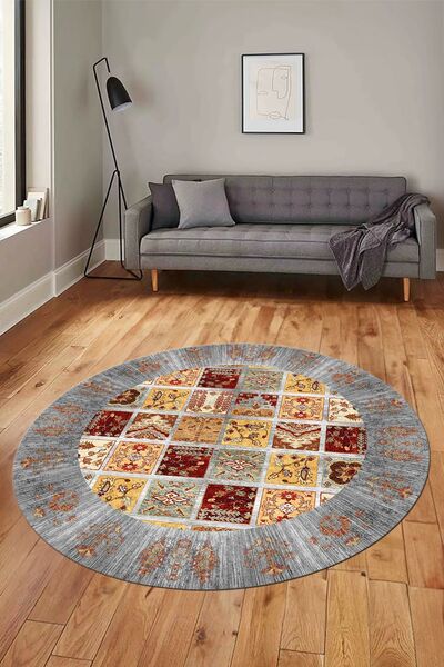 EY HOME Yeni Etnik Desen Kaymaz Taban Yıkanabilir Yuvarlak Mutfak Salon Korid...