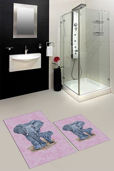EY HOME Ψηφιακό πλένεται μοντέρνο μοτίβο ελέφαντα διπλό χαλί μπάνιου Σετ τουαλέτας, KLZT-33-PINK,