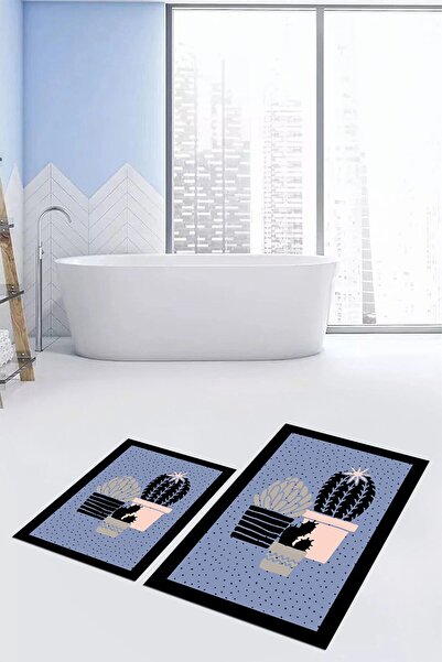 EY HOME Ψηφιακό σετ τουαλέτας με δύο χαλιά μπάνιου με αντιολισθητικό σχέδιο λουλουδιών κάκτου που πλένεται με τύπωμα φορές