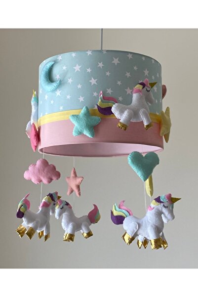 happy babies Çocuk Odası Avize Mint Yıldızlı Pudra Unicorn Figürlü